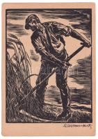 Schnitter. Aus der Holzschnittfolge "Lob der Arbeit" / "Praise of Labor" German folklore art postcard s: Rudolf Warnecke (EK)