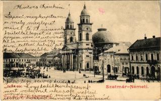 1902 Szatmárnémeti, Satu Mare; Deák tér, templom, piac, Bútor raktár, Pázmány Sajtó szatmári egyházmegye nyomdavállalata és könyvkiadó. Weisz Izsák kiadása / square, church, shops, market, printing shop (fa)