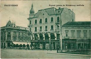 1912 Nagyvárad, Oradea; Poynár palota, Rimanóczy szálloda, Koch Testvérek ruha áruháza, Jelinek Ferenc, China ezüst gyári raktár, Műbútor gyár, fogorvos, Erdős és Grünfeld, Dr. Kovács Gyula, Dénes B. Béla üzlete. Vidor Manó kiadása / hotel, shops, doctors (Rb)