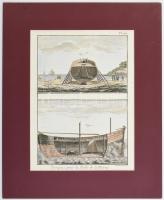 XVIII. század vége, Robert Bénard (1734 -1785): Barques pour la Peche de la Morue, hajózási témájú ábrázolás, In: Diderot - DAlambert: Encyclopédie Pl. 102, színezett rézmetszet, papír, paszpartuban, 23x16 cm, paszpartu: 35x28 cm