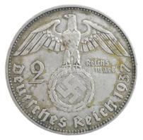 Német Harmadik Birodalom 1937D 2M Ag Hindenburg technológiai hibás veret (veretkettőződés) T:VF patina German Third Reich 1937D 2 Mark Ag Hindenburg technological error (double struck) C:VF patina Krause KM#93