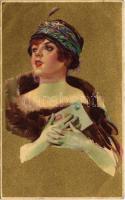 Italian lady art postcard, golden. Anna & Gasparini 106-4. (fa)