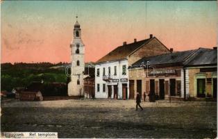 1913 Szilágycseh, Cehu Silvaniei; Református templom, Lebovits Herman vas és fűszer üzlete, Lebovits Jenő üzlete. Krémer Ignác kiadása / Calvinist church, shops (fa)