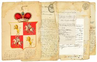 1860 Cári orosz birodalom lengyel nemes nemesség igazolása és címerrajza, valamint kapcsolódó hivatalos iratok. Kézzel rajzolt címer. vegyes állapotú 2R szignettás okmány