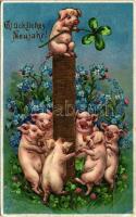 Glückliches Neujahr! / New Year greeting art postcard with pigs, gold and clovers. Floral, litho (lyuk / pinhole)