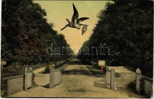 Buziásfürdő, Baile Buzias; Montázs babát hozó gólyával. Francz József kiadása / Montage with stork and baby (gyűrődések / creases)