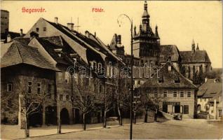 1910 Segesvár, Schässburg, Sighisoara; Fő tér, Girscht és K. Schneider üzlete. Zeidner H. kiadása 41. / main square, shops (fl) + BRASSÓ-BUDAPEST 40 vasúti mozgóposta