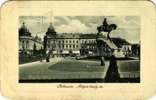 1912 Kolozsvár, Cluj; Mátyás király tér és szobor, Erdélyi Bank és Haraszthy Jenő üzlete. W.L. Bp. 6395. 1910. / square, bank, shop (EB)