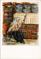 Aus einem Siebenbürgischen Dorf. Spinnende Bäuerin / Erdélyi folklór / Transylvanian folklore art postcard s: Prof. W. Buhe