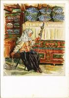 Aus einem Siebenbürgischen Dorf. Spinnende Bäuerin / Erdélyi folklór / Transylvanian folklore art postcard s: Prof. W. Buhe (EK)