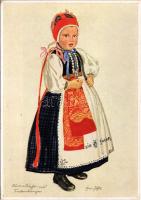 Kleine Sächsin aus Siebenbürgen / Erdélyi szász folklór / Transylvanian Saxon folklore art postcard s: Erna Piffl (EK)