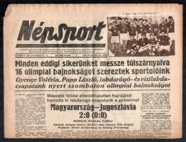 Népsport 1956 aug. 23. száma, benne a Magyarország-Jugoszlávia elleni Aranycsapat labdarúgó mérkőzésről szóló tudósítással