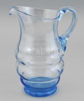 Régi kék üveg vizes kancsó, fújt, kopásokkal, m: 23 cm