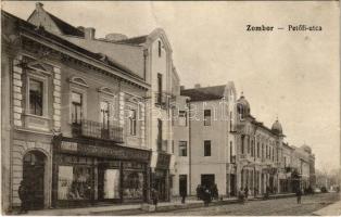 1916 Zombor, Sombor; Petőfi utca, Dodits és Opancsarev üzlete. Kaufmann Emil kiadása / street, shops (fa)