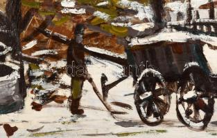 Arató István (1922-2010): Behavazott kert. Olaj, farost, jelzett. Dekoratív fakeretben. 40x50 cm