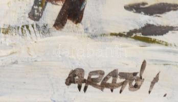 Arató István (1922-2010): Behavazott kert. Olaj, farost, jelzett. Dekoratív fakeretben. 40x50 cm