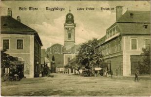 1922 Nagybánya, Baia Mare; Traian út, Frenkel és Radó Dezső üzlete, piac / Calea / street, shops, market (EK)