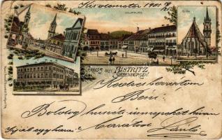 1905 Beszterce, Bistritz, Bistrita; Spitalgasse, Hauptplatz, Comitatshaus, Kirche / Kórház utca, Fő tér, Városház, templom / street, square, church, town hall. Kunstanstalt Rosenblatt Art Nouveau, floral, litho (EB)