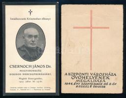 1927 Cserhoch János hercegprímás halotti emlék kártya, 1944 A Központi Városháza óvóhelyének megáldására meghívó kártya