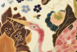 Joseph Steild Znaim fajansz gólyás dísztál, kézzel festett, jelzett, ki kopásokkal, szélén mázhibákk...