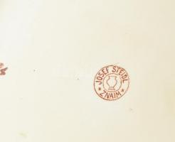 Joseph Steild Znaim fajansz gólyás dísztál, kézzel festett, jelzett, ki kopásokkal, szélén mázhibákk...