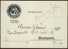 1935 Vajda János társaság meghívója Bródy emlékestre, rajta az esten előadó Hatvany Lajos, Hunyady Sándor és Rózsahegyi Kálmán saját kezű aláírásaival