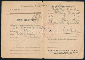 1945 Bp., utazási igazolvány özv. Kokas Józsefné részére kiállítva, rendőrségi bélyegzőkkel