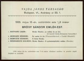 1935 Vajda János társaság meghívója Bródy emlékestre, rajta az esten előadó Hatvany Lajos, Hunyady S...