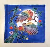 Paradicsommadár. Nagy méretű festett selyemkép. Laras jelzéssel Kartonra kasírozva 50x47 cm