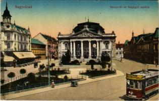 1917 Nagyvárad, Oradea; Bémer tér, Szigligeti színház, villamos Esterházy Ferenc Janky pezsgőborgyár és Wallerstein reklámokkal, Emke kávéház. Vasúti levelezőlapárusítás 55. 1916 / square, theatre, cafe, tram with advertisements (EK)