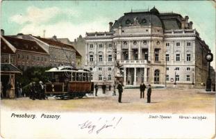 1909 Pozsony, Pressburg, Bratislava; Városi színház, villamos. Heliocolorkarte von Ottmar Zieher / theatre, tram (EK)