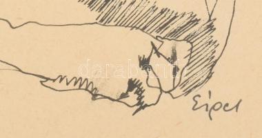 Eigel István (1922-2000): Gondolkodó. Tus, papír, jelezve jobbra lent. Üvegezett, dekoratív, sérült ...