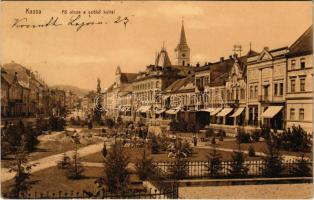 Kassa, Kosice; Fő utca és szökőkút, parkrendezés kertészekkel, Jassik Lajos, Sziegfried Pál üzlete / main street, fountain, shops, park arrangement with gardeners (EK)