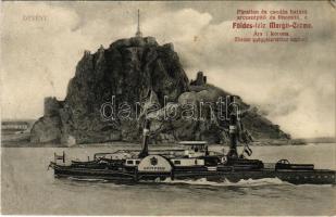 1911 Dévény, Theben a. d. Donau, Devín (Pozsony, Bratislava); vár, LUITPOLD oldalkerekes vontató gőzhajó / hrad / castle, side wheeler steam tug, steamship (EK)