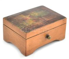 Régi zenélő doboz. Fa, fedelén mintával díszített, felhúzható, a Kék Duna keringő (An der schönen bl...