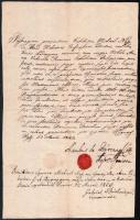 1823 Pest, Hétszemélyes táblai ítélet Bárczay Pál alispán, királyi kamarás, valamint Báthory Gábor ülnök autográf aláírással