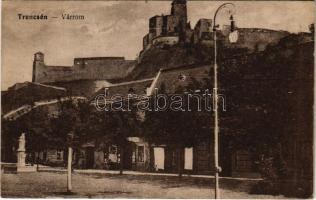 1930 Trencsén, Trencín; várrom, utca, üzlet. Vasúti levelezőlapárusítás 144. / hrad / castle ruins, street, shop (Rb)