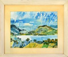 Gulyás Dénes (1927-2003): Balaton, Tihany, 1974. Akvarell, papír, jelezve jobbra lent, hátoldalán Képcsarnok Vállalat címkéjével, üvegezett fakeretben, 38x47,5 cm