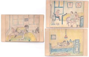 6 db századforduló környéki erotikus pornográf kézzel rajzolt képeslap, Jux-Karte lapokra kasírozva / 6 1900-era erotic pornographic hand-drawings on Jux-Karte postcards