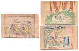 6 db századforduló környéki erotikus pornográf kézzel rajzolt képeslap, Jux-Karte lapokra kasírozva ...