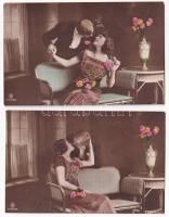 5 db RÉGI finoman erotikus képeslap csókolózó párral / 5 pre-1915 gently erotic postcards with kissi...