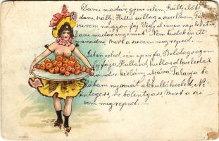 Félmeztelen erotikus pincérlány egy tál gyümölccsel / Erotic hald-naked waitresse with fruits. litho (Rb)