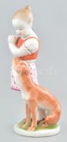 Herendi kutyás lány. Kézzel festett, jelzett, kopott. m: 22 cm