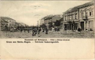 Szászrégen, Reghin; Fő tér és Közép utca, Wagner üzlete, piac. Gustav Rösler / Hauptplatz mit Mittelgasse / main square, street, market, shop