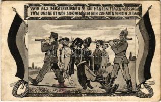1915 Wir als Müsternationen tun unsre Feinde schonen... / WWI German and Austro-Hungarian K.u.K. military art postcard, Viribus Unitis propaganda (b)