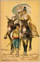 1904 Lady art postcard, romantic couple with donkeys. litho