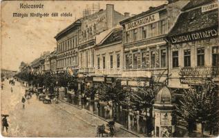 1912 Kolozsvár, Cluj; Mátyás király tér déli oldala, Dick, Stief J. és Társa üzlete, Csízhegyi fényképész / street view, shops (felületi sérülés / surface damage)