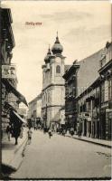 Pécs, Király utca, templom, Spiegel József, Csiralek Sándor bútor raktár üzlete (képeslap füzetből / from postcard booklet)