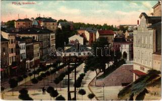 1912 Pola, Pula; Giardini / park, tram. G. Fano, 1910. No. 7. (kopott sarkak / worn corners)