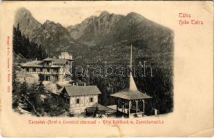 Tátra, Magas-Tátra, Vysoké Tatry; Tarpatak-füred a Lomnici-csúccsal / Hotel Kohlbach m. Lomnitzerspitze / hotel, mountain peak (r)